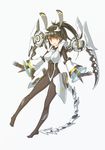  animal_ears armor bangs black_hair blush bodysuit breastplate breasts covered_navel fake_animal_ears faulds full_body gloves hair_ornament high_ponytail highres long_hair mecha_musume mechanical_tail medium_breasts open_mouth orange_eyes original pigeon-toed ponytail short_hair_with_long_locks shoulder_pads si_(ruanmumu) simple_background skin_tight solo tail white_background 