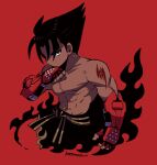  1boy abs black_eyes black_hair black_pants blending closed_mouth gloves highres kazama_jin kotorai male_focus navel pants pectorals red_background red_gloves shoulder_tattoo signature solo studded_gloves tattoo tekken toned toned_male topless_male wiping_face 