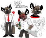 2023 5_fingers aggretsuko anthro biped black_nose bottle brown_body brown_fur cheek_tuft clothed clothing container drunk facial_tuft fingers fur green_eyes haida_(aggretsuko) holding_bottle holding_container holding_object hyena j4mble5 looking_at_viewer male mammal multiple_images necktie question_mark sanrio simple_background sketch solo spotted_hyena standing substance_intoxication tuft white_background
