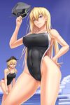  bent_over bismarck_(kantai_collection) blonde_hair blue_eyes blue_sky breasts cameltoe cleavage cloud collarbone commentary_request competition_swimsuit contrapposto covered_nipples day hand_on_hip harbor hat highres kantai_collection large_breasts long_hair military_hat multiple_girls ocean one-piece_swimsuit prinz_eugen_(kantai_collection) shuugetsu_karasu sky standing swimsuit twintails very_long_hair 