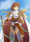  1girl absurdres aho_(hayw7458) armor boobplate breastplate brown_eyes brown_hair cape cowboy_shot flare_(langrisser) groin hair_between_eyes hands_on_hilt highres holding holding_sword holding_weapon langrisser langrisser_iii leotard looking_to_the_side planted planted_sword short_hair shoulder_armor smile solo standing sword weapon 