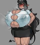  big_breasts black_hair blush breast_expansion breasts clothed clothing demon female hair horn huge_breasts humanoid hyper hyper_breasts krekk0v lactating long_hair mammal monster_girl_(genre) not_furry red_eyes solo 