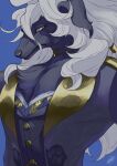  1boy animal_ears black_suit blue_background commentary_request fate/grand_order fate_(series) furry furry_male looking_at_viewer male_focus rkp signature suit upper_body white_hair wolf_boy wolf_ears woodwose_(fate) yellow_eyes 