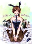  alcohol animal_ears breasts brown_eyes brown_hair bunny_ears bunnysuit drunk idolmaster idolmaster_cinderella_girls long_hair medium_breasts nitta_minami pantyhose ponytail smile solo takanashi_ringo 