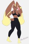 absurd_res anthro arm_flex big_breasts breasts brown_body brown_fur butt clothing female flexing fur generation_4_pokemon hi_res kneadsuru lagomorph looking_at_viewer lopunny mammal nintendo pokemon pokemon_(species) rear_view red_eyes simple_background solo tail