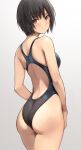  1girl amagami ass black_hair black_one-piece_swimsuit blush breasts brown_eyes commentary_request competition_swimsuit expressionless from_behind highres looking_at_viewer medium_breasts nanasaki_ai one-piece_swimsuit serizawa_(serizawaroom) short_hair simple_background solo swimsuit 