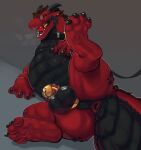 anus balls belly_scales big_butt black_claws black_horn brown_body brown_fur brown_mane butt chastity_device cheek_spikes claws dragon facial_spikes feral fur genitals hi_res horn male mane penis ray_vanhem red_body red_scales scales scalie solo spikes spikes_(anatomy) zhulya_(artist)