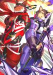  2boys absurdres animal_ears back-to-back bara character_name commentary_request diffraction_spikes dog_boy dog_ears english_text fangs fingerless_gloves fire furry furry_male gem gloves gohki_shiranui_(vtuber) highres holding holding_polearm holding_weapon indie_virtual_youtuber live_a_hero looking_at_viewer male_focus multiple_boys one_eye_closed polearm pubraseer_(live_a_hero) saro_(rotsw_00022) smile weapon 