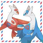  bright_pupils claws closed_mouth commentary_request eye_contact latias latios looking_at_another no_humans pokemon pokemon_(creature) red_eyes smile towa_(clonea) white_background white_pupils yellow_eyes 