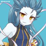  :| blue_background blue_hair blue_skin blush closed_mouth long_hair looking_at_viewer marshmallow_mille pointy_ears puzzle_&amp;_dragons simple_background sleeveless sleeveless_turtleneck solo turtleneck twitter_username upper_body v-shaped_eyebrows wadatsumi_(p&amp;d) yellow_eyes 