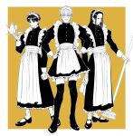  3boys absurdres alternate_costume apron arm_at_side broom chrollo_lucilfer cross_print crossdressing cup dress earrings enmaided expressionless facial_mark forehead_mark frilled_apron frilled_dress frills full_body fuse_(2sau3) gloves greyscale_with_colored_background hands_on_own_hips highres hisoka_morow holding holding_broom holding_tray hunter_x_hunter illumi_zoldyck jewelry juliet_sleeves long_dress long_hair long_sleeves looking_at_viewer maid maid_apron maid_headdress male_focus male_maid mary_janes monochrome multiple_boys outside_border parted_bangs puffy_sleeves shoes short_dress short_hair smirk socks star_(symbol) straight_hair teacup teapot teardrop_facial_mark thighhighs tray waist_apron yellow_background yellow_theme zettai_ryouiki 