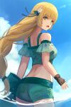  1girl ass bare_shoulders bikini bikini_shorts blonde_hair blue_sky blunt_bangs braid braided_ponytail breasts brown_gloves cloud commentary detached_sleeves fingerless_gloves fire_emblem fire_emblem:_three_houses fire_emblem_heroes flower gloves green_bikini green_eyes green_sleeves hair_flower hair_ornament highres ingrid_brandl_galatea ingrid_brandl_galatea_(summer) labebebe_lee long_hair looking_at_viewer looking_back medium_breasts ocean off-shoulder_bikini off_shoulder official_alternate_costume open_mouth outdoors shorts sky solo swimsuit wading 