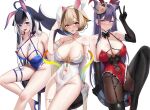  3girls absurdres ahoge akuma_nihmune akuma_nihmune_(3rd_costume) animal_ears antennae black_bow black_bowtie black_hair black_thighhighs blonde_hair blue_collar blush bow bowtie breasts burger_king cetacean_tail chest_tattoo collar detached_sleeves elbow_gloves facial_tattoo fake_animal_ears fins fish_tail gloves hair_ornament hairclip heart heart_ahoge high_heels highres indie_virtual_youtuber large_breasts leg_tattoo legs leotard long_hair looking_at_viewer multicolored_hair multiple_girls navel pelvic_curtain playboy_bunny purple_eyes purple_hair rabbit_ears sanagi_yuzu short_hair shylily simple_background skai_kun streaked_hair tail tattoo thighhighs thighs v virtual_youtuber white_background white_hair yellow_eyes 