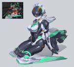  1girl absurdres armored_core armored_core_6 breasts colored_skin echanis_enicha full_body grey_background grey_skin helmet highres joints looking_at_viewer medium_breasts necktie no_feet personification reference_inset robot_girl robot_joints shadow sitting solo thrusters wariza 