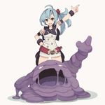 :d bangs belt blue_hair bracelet buttons gen_1_pokemon green_eyes hair_ornament hand_on_hip highres jewelry kinshi muk open_mouth pointing pointing_up poke_ball pokemon pokemon_(creature) sailor_collar side_ponytail simple_background smile v-shaped_eyebrows 