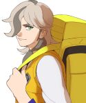  1boy arven_(pokemon) ate_(sfmd5235) backpack bag brown_hair closed_mouth commentary_request from_side green_eyes hair_over_one_eye hand_up holding_strap logo long_hair looking_at_viewer looking_to_the_side male_focus pokemon pokemon_sv school_uniform shirt smile solo upper_body vest white_background white_shirt yellow_bag yellow_vest 