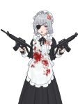  1girl alternate_costume anger_vein angry apron assault_rifle black_dress black_ribbon blood blood_on_clothes blush cevio double_bun dress dual_wielding enmaided eyepatch feet_out_of_frame glaring grey_hair gun hair_bun hat holding holding_gun holding_weapon juliet_sleeves koharu_rikka long_dress long_sleeves looking_at_viewer maid mob_cap neck_ribbon one_eye_covered open_mouth puffy_sleeves purple_eyes ribbed_shirt ribbon rifle second-party_source shirt simple_background sleeve_cuffs solo standing synthesizer_v teshima_nari v-shaped_eyebrows w_arms waist_apron weapon white_background 