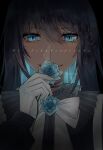  1girl absurdres ado_(utaite) black_background black_choker black_hair blue_eyes blue_flower blue_hair blue_rose blush bow bowtie braid chando_(ado) choker cloud_nine_inc colored_inner_hair commentary english_commentary flower flower_brooch french_braid hair_between_eyes highres long_hair looking_at_viewer mixed-language_commentary mole mole_under_eye multicolored_hair rose sidelocks solo song_name spica_(spica5f9ea0) two-tone_hair upper_body utaite white_bow white_bowtie 