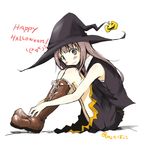  \(^o^)/ artist_name bare_shoulders blush boots brown_eyes brown_hair dress english food_themed_hair_ornament hair_ornament halloween halloween_costume happy_halloween hat hinata-bokko_(sanpo_fuumi) leg_hug long_hair looking_at_viewer original pumpkin_hair_ornament smile solo thigh_boots thighhighs witch witch_hat 