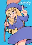  1girl blonde_hair blue_dress blue_headwear blush_stickers broom character_name dot_nose dress from_below holding holding_broom index_finger_raised long_hair looking_at_viewer open_mouth pointy_hat puyopuyo seseringo sidelocks simple_background solo witch witch_(puyopuyo) 
