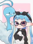  1girl altaria bird black_eyes black_hairband blue_hair blue_skin border colored_skin commentary fluffy hairband highres inkling inkling_girl long_hair mina_p pink_background pointy_ears pokemon pokemon_(creature) red_eyes sleeves_past_fingers sleeves_past_wrists smile splatoon_(series) symbol-only_commentary tentacle_hair upper_body white_border 