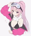  1girl bikini black_bikini blue_archive breasts cleavage eimi_(blue_archive) eimi_(swimsuit)_(blue_archive) goggles goggles_on_head highres jacket large_breasts long_hair long_sleeves official_alternate_costume open_clothes open_jacket pink_eyes pink_hair pink_jacket ponytail scarf simple_background solo soybean_(hisoybean) swimsuit upper_body very_long_hair white_background white_scarf 