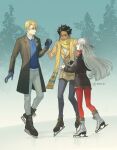  1girl 2boys claude_von_riegan dark_skin dimitri_alexandre_blaiddyd edelgard_von_hresvelg fire_emblem fire_emblem:_three_houses hair_ribbon jacket multiple_boys purple_eyes purple_ribbon ribbon snow white_hair winter_clothes 