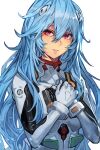  1girl ayanami_rei blue_hair bodysuit evangelion:_3.0+1.0_thrice_upon_a_time hair_ornament hairpods hands_on_own_chest hungry_clicker interface_headset long_hair neon_genesis_evangelion plugsuit rebuild_of_evangelion red_eyes solo white_bodysuit 