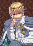  1boy blonde_hair blue_cape cape commentary_request cosplay crossed_legs crown fate/grand_order fate_(series) gilgamesh_(fate) head_on_hand looking_at_viewer male_focus oberon_(fate) oberon_(fate)_(cosplay) red_eyes rkp signature sitting 