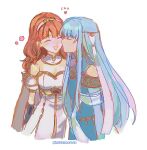  2girls armor bare_shoulders blue_dress blue_hair breastplate celica_(fire_emblem) closed_eyes commission commissioner_upload dancer dress fire_emblem fire_emblem:_the_blazing_blade fire_emblem_echoes:_shadows_of_valentia fire_emblem_heroes gloves hair_ornament kiss kissing_cheek multiple_girls ninian_(fire_emblem) pomme_(lazzledazzle) princess red_hair smile tiara white_armor yuri 