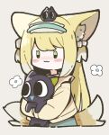  1girl :3 absurdres animal animal_ear_fluff animal_ears arknights black_cat blonde_hair blue_hairband blush_stickers cardigan cat colored_tips commentary_request creature creature_on_head fox_ears fox_girl fox_tail green_eyes hairband heixiu highres holding holding_animal holding_cat ingsae kitsune korean_commentary kyuubi long_hair long_sleeves luo_xiaohei luo_xiaohei_zhanji multicolored_hair multiple_tails official_alternate_costume on_head solid_oval_eyes suzuran_(arknights) suzuran_(spring_praise)_(arknights) tail white_hair yellow_cardigan 