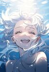  1girl air_bubble alternate_hair_color bare_shoulders bubble closed_eyes english_commentary facing_viewer furina_(genshin_impact) genshin_impact happy highres long_hair merururuu open_mouth smile solo sunlight teeth underwater upper_teeth_only very_long_hair white_hair 