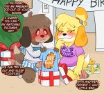 absurd_res animal_crossing banner birthday blush blush_lines boxers_(clothing) brown_body brown_fur canid canine christmas christmas_tree clothing crushpepper digby_(animal_crossing) embarrassed female footwear fur genitals hi_res holidays isabelle_(animal_crossing) male mammal matching_shirts nintendo penis plant sibling_(lore) socks tagme tail tail_motion tailwag tree twins_(lore) underwear yellow_body yellow_fur