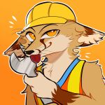 1:1 absurd_res anthro armor brown_body brown_fur canid canine clothing fennec fox fur gale_(galefoxy) headgear helmet hi_res lanyard male mammal moujiiz simple_background solo tongue tongue_out tools topwear vest wrench yellow_body yellow_eyes yellow_fur