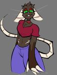 anthro bluddly blue_bottomwear blue_clothing blue_pants bottomwear buckteeth clawed_fingers clothing dusk_(bluddly) female green_eyes mammal murid murine pants rat red_clothing red_shirt red_topwear rib_cage rodent shirt simple_background slim small_waist solo teeth topwear whiskers