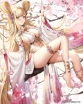  1girl amaterasu_(mythology) bare_hips bare_shoulders blonde_hair blush bow bracelet branch breasts cherry_blossom_print cherry_blossoms cleavage detached_sleeves floral_print flower gold_bracelet hair_bow hair_rings hair_tubes highres holding holding_flower jademoon jewelry large_breasts long_hair looking_at_viewer nail_polish navel petals pink_flower pink_nails sangoku_taisen_smash! sideboob sitting sitting_on_branch skindentation solo thighlet very_long_hair wide_sleeves yellow_eyes 