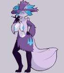 absurd_res anthro areola areola_slip blue_areola blue_eyes breasts clothing delphox dibujosv12 fan_character female fur generation_6_pokemon hat headgear headwear hi_res medium_breasts nintendo pokemon pokemon_(species) pokemorph purple_body purple_clothing purple_fur purple_hat purple_headwear solo stick