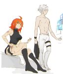  1boy 1girl ahoge black_footwear black_shirt boots fate/grand_order fate_(series) fujimaru_ritsuka_(female) full_body hanako_(onikutabetaiyo) holster kadoc_zemlupus looking_at_viewer medium_hair multiple_scars no_eyes orange_eyes orange_hair pants scar serious shirt short_hair simple_background sitting sketch sleeveless sleeveless_turtleneck solo_focus thigh_holster topless_male turtleneck white_background white_hair white_pants 