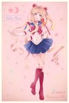  1girl 2015 bishoujo_senshi_sailor_moon blonde_hair blue_eyes blue_sailor_collar blue_skirt boots bow character_name choker crescent dated double_bun earrings full_body hair_ornament hairpin highres holding holding_wand jewelry knee_boots long_hair magical_girl pink_background pleated_skirt red_bow red_choker red_footwear sailor_collar sailor_moon sailor_senshi_uniform skirt smile solo spiral_heart_moon_rod standing star tiara tsukino_usagi twintails twitter_username wand 