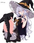  1girl absurdres artist_name black_dress black_footwear black_headwear boots breasts convenient_leg dress fang grey_hair hat highres knees_up leaning_back long_hair open_mouth original pointy_ears rakutarou_(rakutpi) red_eyes smile solo thigh_boots thighs white_dress witch_hat 