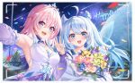  2girls absurdres ahoge armpits bare_shoulders blue_eyes blue_hair blurry blurry_foreground blush bouquet breasts chinese_commentary chinese_text colored_tips commentary_request confetti detached_sleeves dress english_text falling_petals hair_between_eyes hair_intakes happy_anniversary highres holding holding_bouquet honkai:_star_rail honkai_(series) lalazyt light_blue_hair looking_at_viewer march_7th_(honkai:_star_rail) medium_breasts medium_hair mihoyo miyouji multicolored_hair multiple_girls nail_polish official_alternate_costume open_mouth petals pink_eyes pink_hair pink_nails planet purple_nails selfie shooting_star sleeves_past_wrists smile teeth two-tone_eyes upper_teeth_only viewfinder w white_dress 