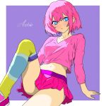  1girl bitfight blue_eyes blue_socks breasts closed_mouth legs looking_at_viewer midriff miniskirt multicolored_clothes multicolored_legwear multicolored_socks navel party_girl_(terraria) pink_footwear pink_hair pink_shirt pink_skirt purple_background shirt short_hair signature simple_background sitting skirt small_breasts socks stomach striped striped_socks terraria thighhighs thighs yellow_socks zettai_ryouiki 