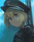  blonde_hair blue_eyes blue_sky erica_hartmann gun hat looking_at_viewer military military_uniform peaked_cap shiraba_(sonomama_futene) short_hair sky smile solo strike_witches uniform weapon world_witches_series 