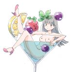  blueberry cocktail_glass cup drinking_glass food fruit green_hair high_heels highres leg_up lemon long_hair looking_at_viewer original partially_submerged poranka_(porankaran) strawberry 