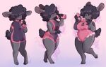 alternate_costume anthro black_body black_fur blush bottle bovid breast_growth breasts caprine cleavage_cutout clothed clothing clothing_swap colored container covered_eyes drinking female fur growth hand_on_breast happy male_(lore) mammal medium_breasts nervous pawberry sequence sheep solo thick_thighs
