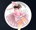  animal_ears aps_(alice-momizi) barefoot bloomers brown_hair bunny_ears carrot dress full_moon highres inaba_tewi jewelry jumping looking_back moon pendant puffy_short_sleeves puffy_sleeves red_eyes short_hair short_sleeves touhou underwear upskirt 