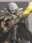  1boy black_cape brown_gloves cape character_request closed_eyes closed_mouth dr._stone gloves highres holding itsudzumi male_focus muscular muscular_male short_hair shorts solo v-shaped_eyebrows white_hair 