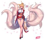  animal_ears artist_name bare_legs blonde_hair blush china_dress chinese_clothes commentary_request dragon_print dress folded_ponytail fox_ears fox_tail hair_ornament hair_stick jjune long_legs long_sleeves multiple_tails obi original sash solo spoken_blush tail wide_sleeves yellow_eyes 