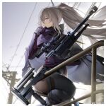  1girl anti-materiel_rifle bodysuit cloak cowboy_shot girls&#039;_frontline girls&#039;_frontline_2:_exilium grey_hair gun highres holding holding_gun holding_weapon long_hair nemesis_(girls&#039;_frontline_2) om_50_nemesis on_railing purple_eyes railing rff_(3_percent) rifle sitting sniper_rifle solo weapon 