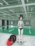  1girl absurdres barefoot black_bikini_bottom black_eyes black_hair camisole door highres indoors looking_at_viewer navel okura_lino original pool pool_ladder scenery short_hair solo water wet white_camisole 